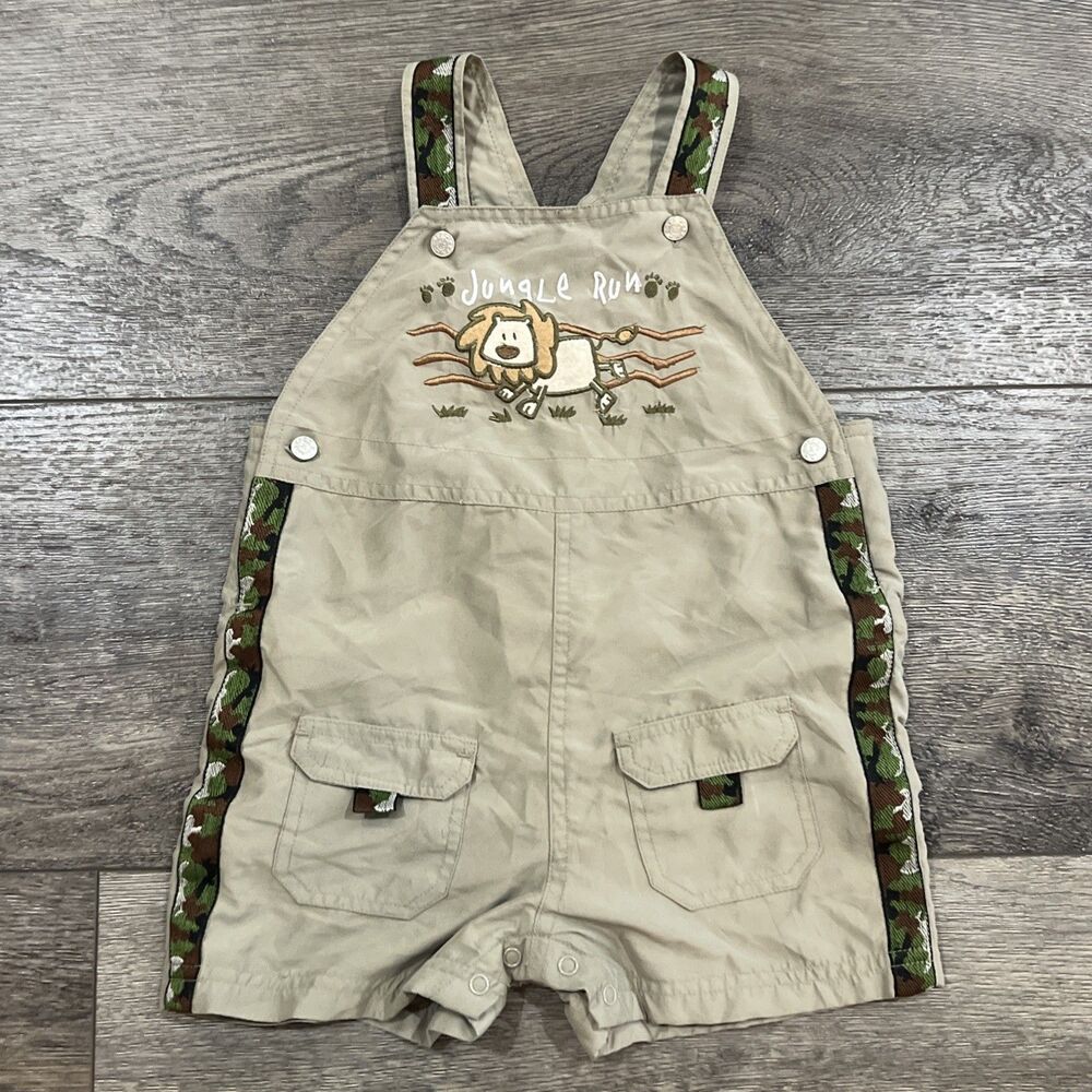 Vintage Y2K Jungle Run Embroidered Tan Camo Overall Shorts Lion - Kids 24 Months